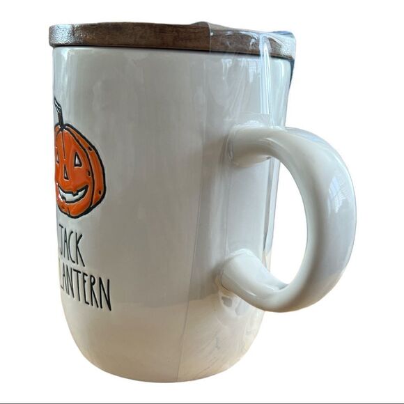 New Rae Dunn Jack O’Lantern Mug with wooded Lid - Picture 3 of 4